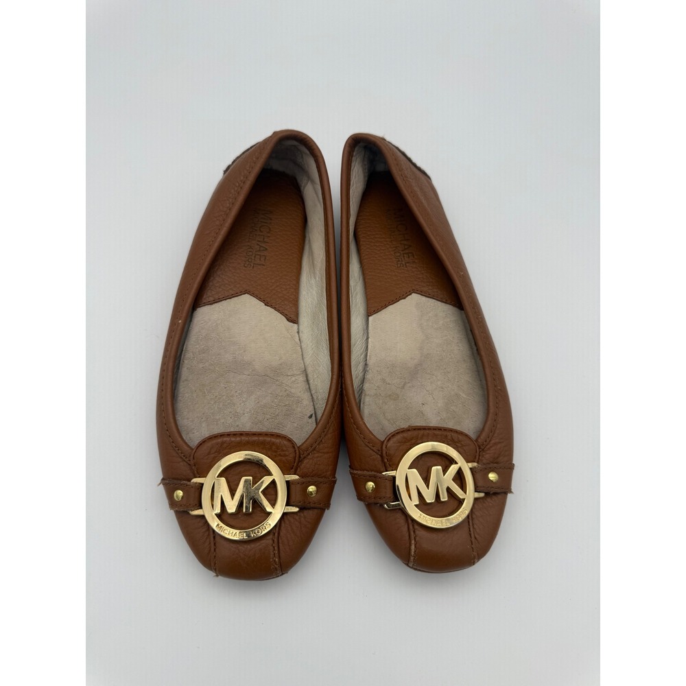 Michael Michael Kors Fulton Moc Leather Ballet Flats Brown Gold Logo Size 5.5M